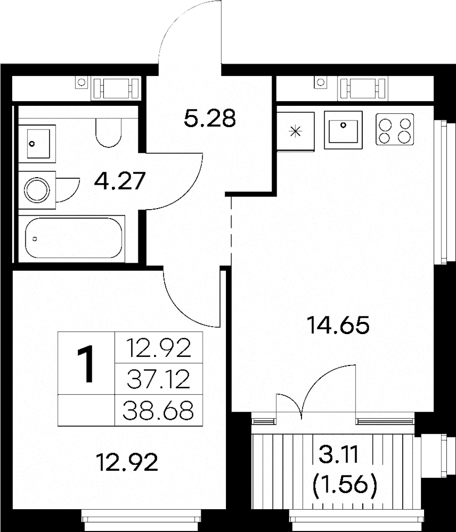1-комнатная квартира 38.68 м², 6/6 эт., ЖК «Glorax City Василеостровский»